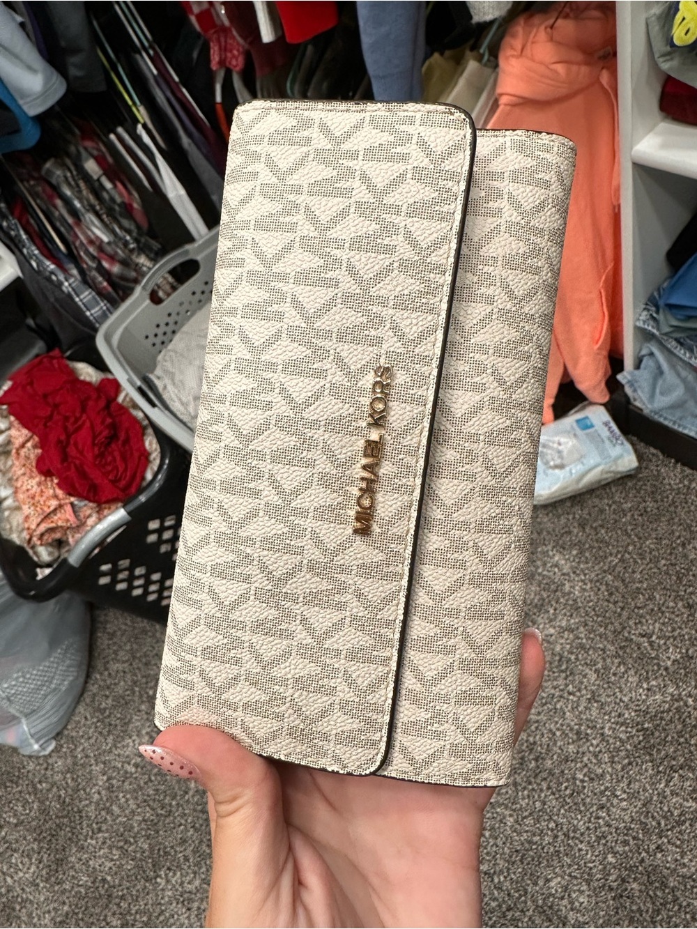 Michael Kors Beige Signature Logo Continental Wallet with Gold Hardware